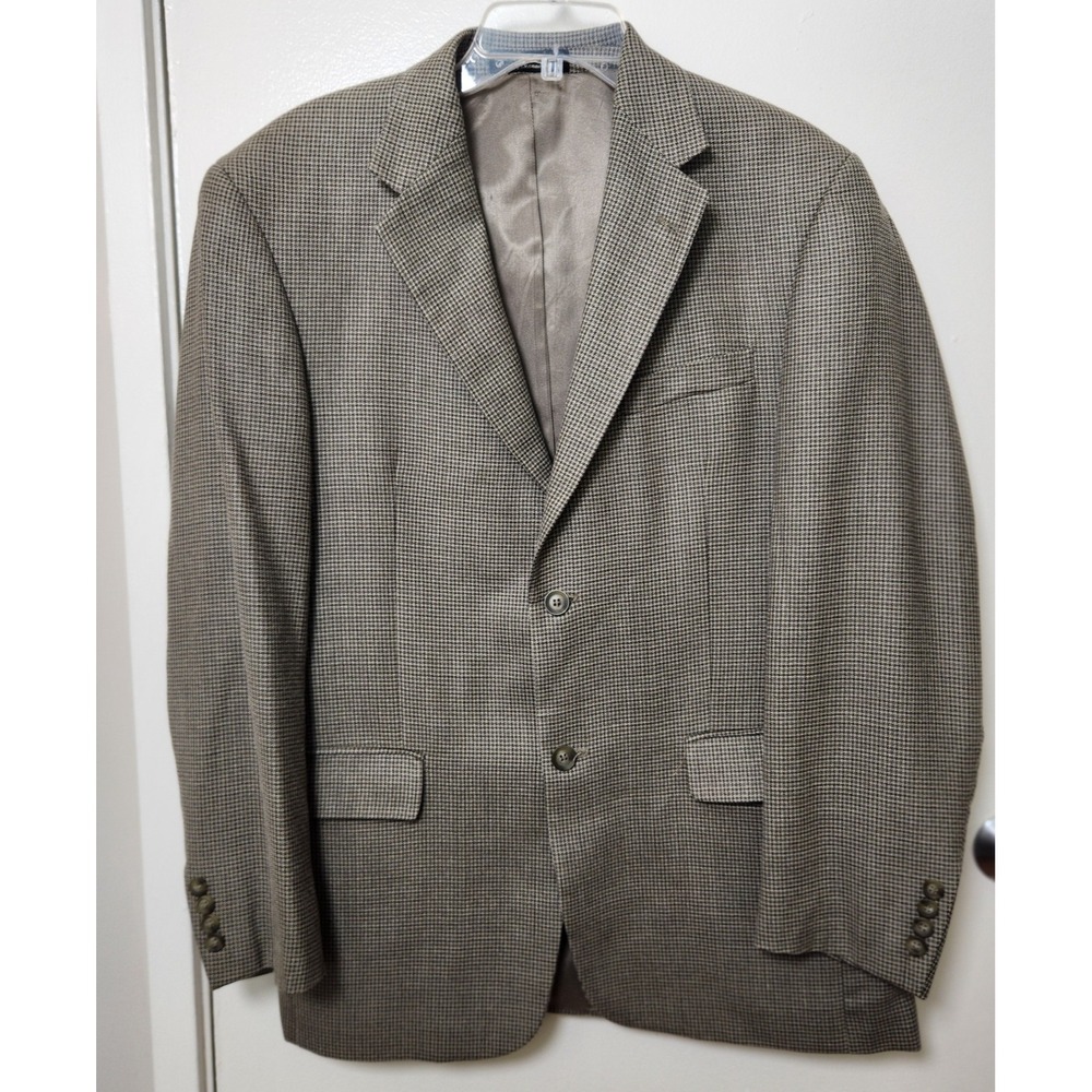 Andrew Fezza Jacket Blazer Sportcoat Sz 40R Beige Houndstooth Worsted Wool Silk